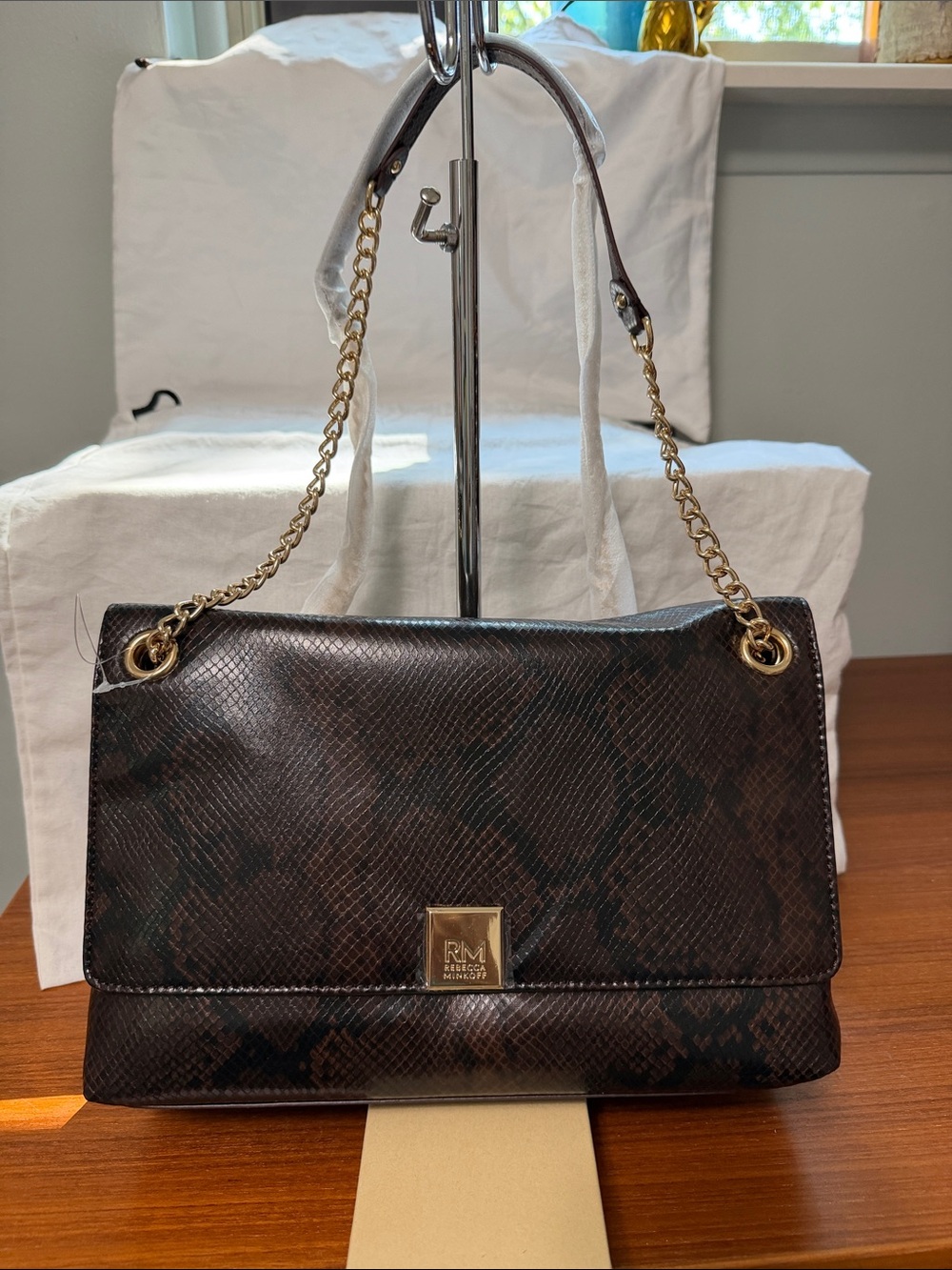 Rebecca Minkoff Brown Snake-Print Shoulder Bag with Gold Chain